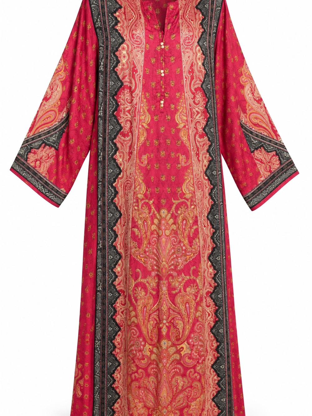 intricately printed red kaftan featuring traditional paisley maxi dress lounge - Picture 3 of 12
